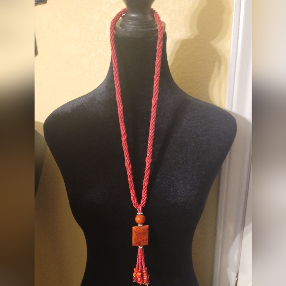 Burnt orange beaded long necklace